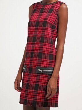 Esprit Red-Black Plaid Shift Dress With Zipper Detailing
